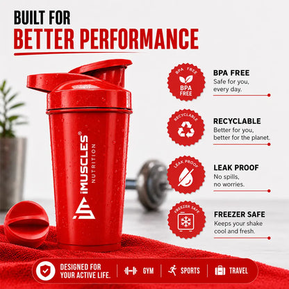 In "black 7.jpg", a black iMuscles Nutrition shaker bottle is displayed on a towel, highlighting its premium performance features. The image emphasizes key benefits, including BPA-free construction, recyclable materials, a leak-proof design, and freezer safety, presenting an essential, high-quality accessory for modern fitness enthusiasts and supplement users.