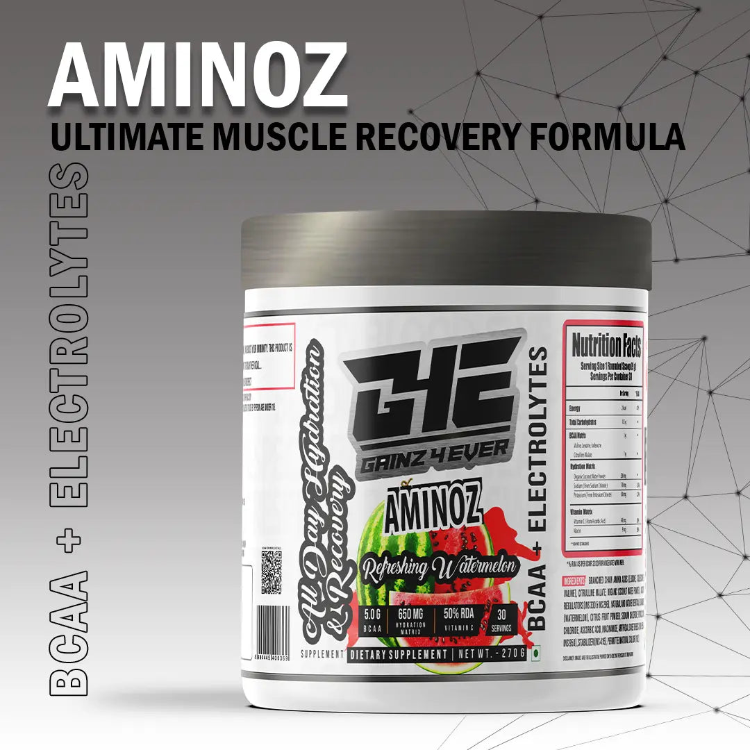A promotional graphic for GAINZ 4 EVER AMINOZ Refreshing Watermelon Intra & Post Workout Supplement. The white 270g jar features a watermelon illustration and lists key ingredients including L-Leucine, L-Isoleucine, L-Valine, and L-Citrulline. It highlights 5.0g BCAA, 650mg Hydration Matrix, and 50% RDA Vitamin C per serving.