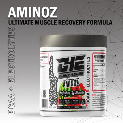 A promotional graphic for GAINZ 4 EVER AMINOZ Refreshing Watermelon Intra & Post Workout Supplement. The white 270g jar features a watermelon illustration and lists key ingredients including L-Leucine, L-Isoleucine, L-Valine, and L-Citrulline. It highlights 5.0g BCAA, 650mg Hydration Matrix, and 50% RDA Vitamin C per serving.