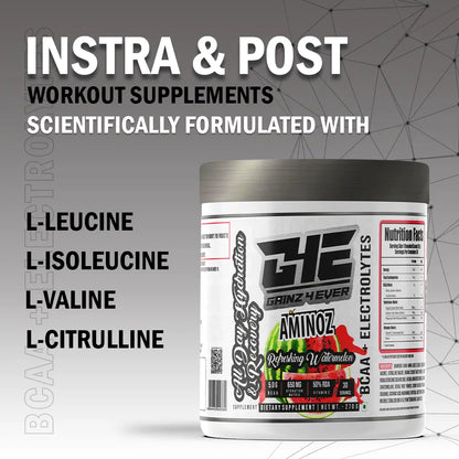 A promotional graphic for GAINZ 4 EVER AMINOZ Refreshing Watermelon Intra & Post Workout Supplement. The white 270g jar features a watermelon illustration and lists key ingredients including L-Leucine, L-Isoleucine, L-Valine, and L-Citrulline. It highlights 5.0g BCAA, 650mg Hydration Matrix, and 50% RDA Vitamin C per serving.