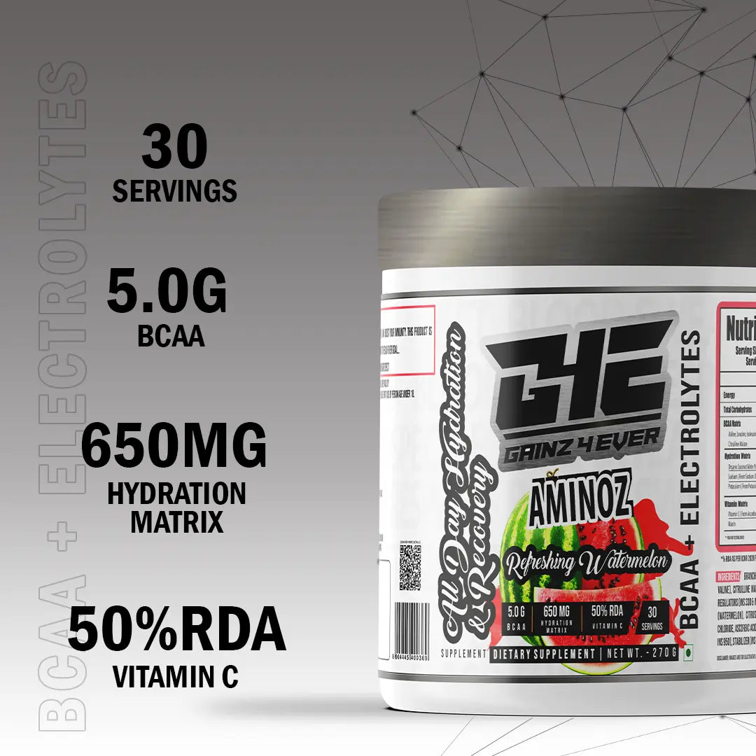 A promotional graphic for GAINZ 4 EVER AMINOZ Refreshing Watermelon Intra & Post Workout Supplement. The white 270g jar features a watermelon illustration and lists key ingredients including L-Leucine, L-Isoleucine, L-Valine, and L-Citrulline. It highlights 5.0g BCAA, 650mg Hydration Matrix, and 50% RDA Vitamin C per serving.