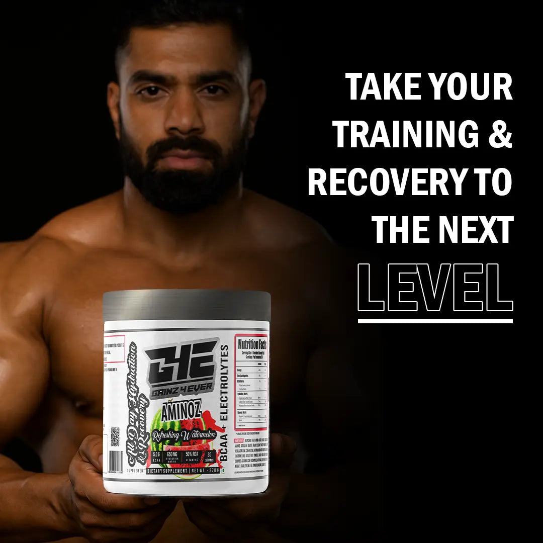 A promotional graphic for GAINZ 4 EVER AMINOZ Refreshing Watermelon Intra & Post Workout Supplement. The white 270g jar features a watermelon illustration and lists key ingredients including L-Leucine, L-Isoleucine, L-Valine, and L-Citrulline. It highlights 5.0g BCAA, 650mg Hydration Matrix, and 50% RDA Vitamin C per serving.