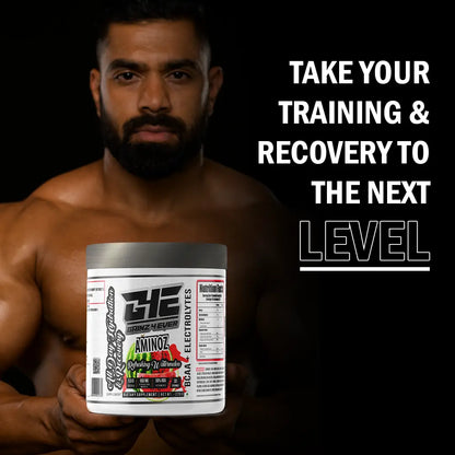 A promotional graphic for GAINZ 4 EVER AMINOZ Refreshing Watermelon Intra & Post Workout Supplement. The white 270g jar features a watermelon illustration and lists key ingredients including L-Leucine, L-Isoleucine, L-Valine, and L-Citrulline. It highlights 5.0g BCAA, 650mg Hydration Matrix, and 50% RDA Vitamin C per serving.