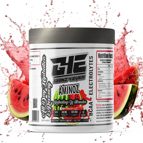 A promotional graphic for GAINZ 4 EVER AMINOZ Refreshing Watermelon Intra & Post Workout Supplement. The white 270g jar features a watermelon illustration and lists key ingredients including L-Leucine, L-Isoleucine, L-Valine, and L-Citrulline. It highlights 5.0g BCAA, 650mg Hydration Matrix, and 50% RDA Vitamin C per serving.