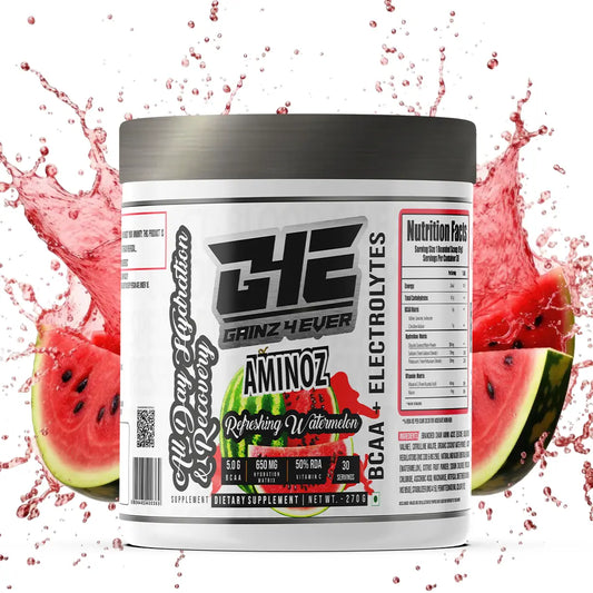 A promotional graphic for GAINZ 4 EVER AMINOZ Refreshing Watermelon Intra & Post Workout Supplement. The white 270g jar features a watermelon illustration and lists key ingredients including L-Leucine, L-Isoleucine, L-Valine, and L-Citrulline. It highlights 5.0g BCAA, 650mg Hydration Matrix, and 50% RDA Vitamin C per serving.