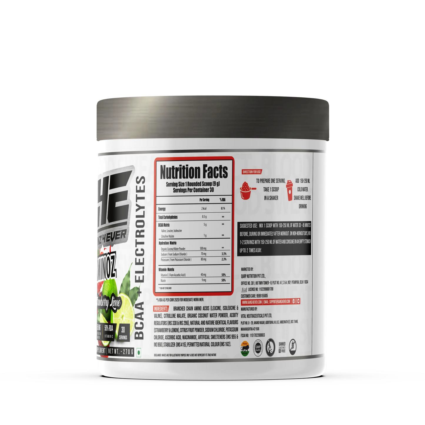 A promotional graphic for GAINZ 4 EVER AMINOZ Strawberry Lime Intra & Post Workout Supplement. The white 270g jar is featured prominently, highlighting its scientifically formulated ingredients: L-Leucine, L-Isoleucine, L-Valine, and L-Citrulline. Key benefits include 5.0g BCAA, 650mg Hydration Matrix, and 50% RDA Vitamin C per serving.