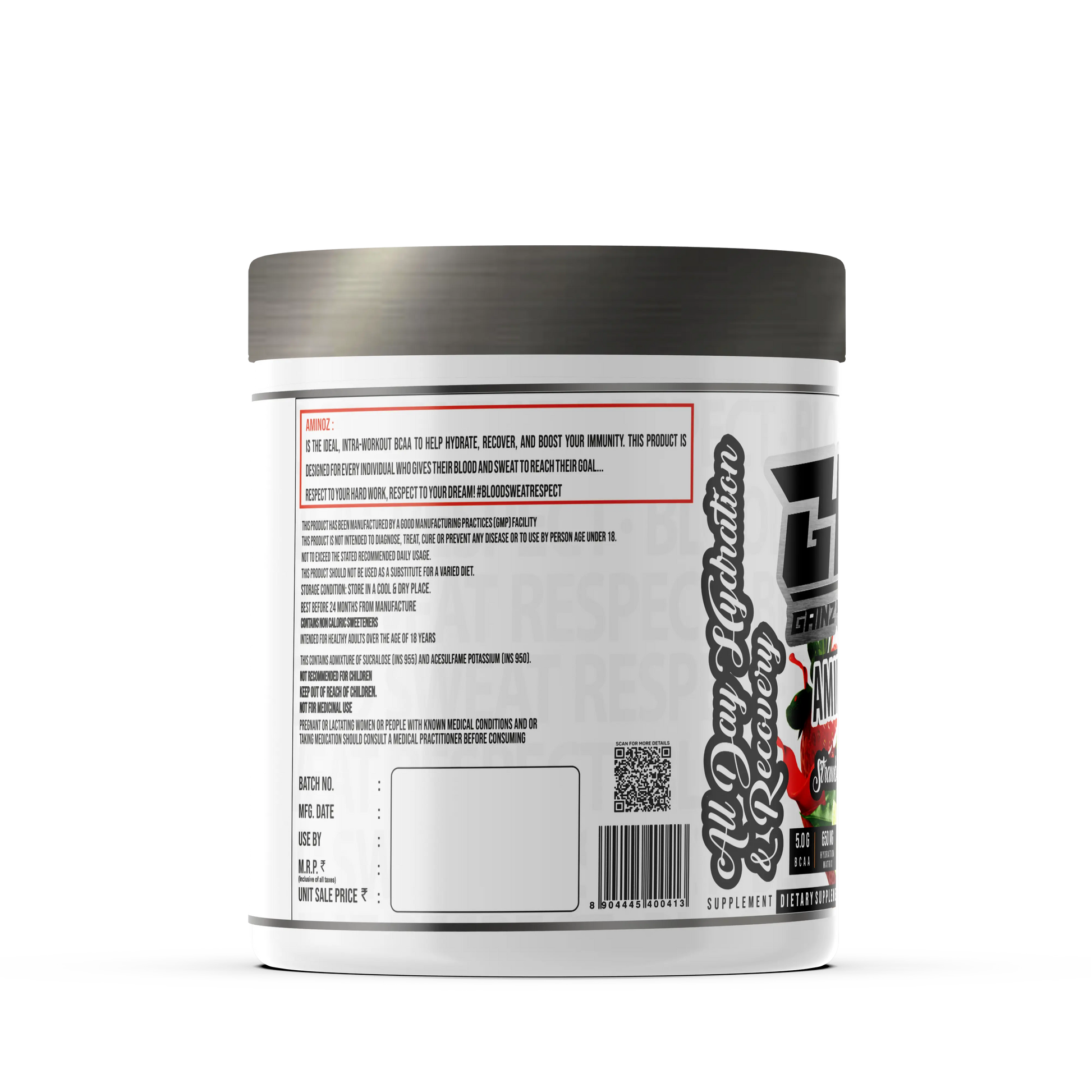 A promotional graphic for GAINZ 4 EVER AMINOZ Strawberry Lime Intra & Post Workout Supplement. The white 270g jar is featured prominently, highlighting its scientifically formulated ingredients: L-Leucine, L-Isoleucine, L-Valine, and L-Citrulline. Key benefits include 5.0g BCAA, 650mg Hydration Matrix, and 50% RDA Vitamin C per serving.