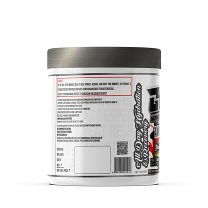 A promotional graphic for GAINZ 4 EVER AMINOZ Strawberry Lime Intra & Post Workout Supplement. The white 270g jar is featured prominently, highlighting its scientifically formulated ingredients: L-Leucine, L-Isoleucine, L-Valine, and L-Citrulline. Key benefits include 5.0g BCAA, 650mg Hydration Matrix, and 50% RDA Vitamin C per serving.