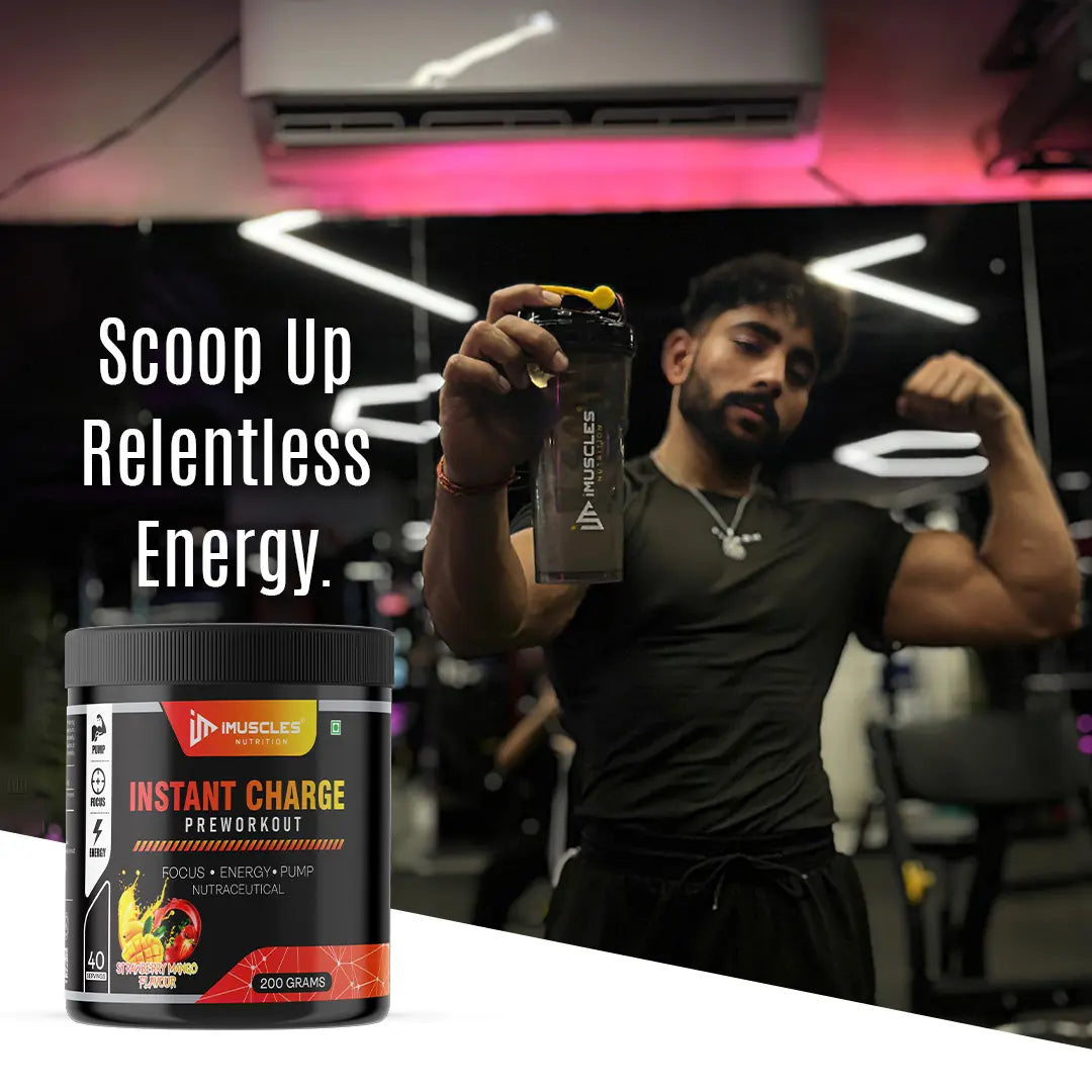 iMuscles Nutrition Instant Charge Pre-Workout supplement jar with strawberry mango flavour, featuring fruit splashes, designed for energy, focus, and muscle pump performance.