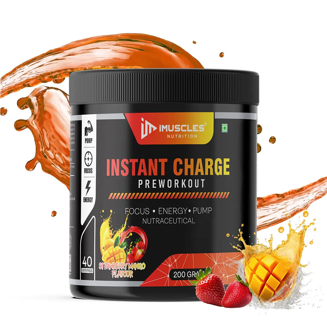 iMuscles Nutrition Instant Charge Pre-Workout supplement jar with strawberry mango flavour, featuring fruit splashes, designed for energy, focus, and muscle pump performance.