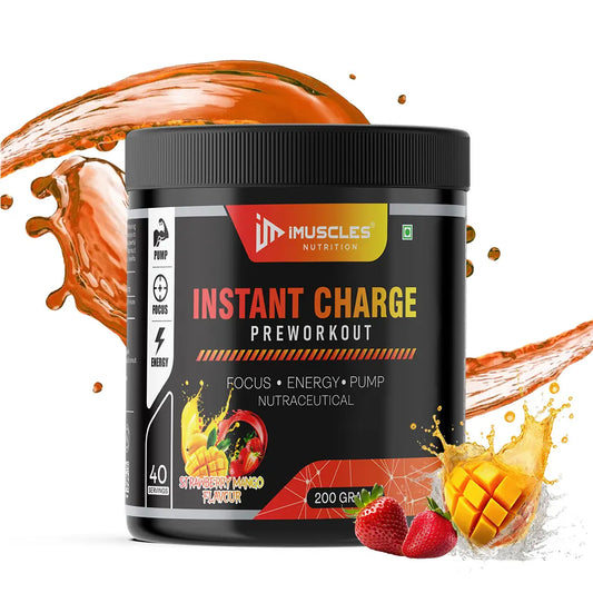 iMuscles Nutrition Instant Charge Pre-Workout supplement jar with strawberry mango flavour, featuring fruit splashes, designed for energy, focus, and muscle pump performance.