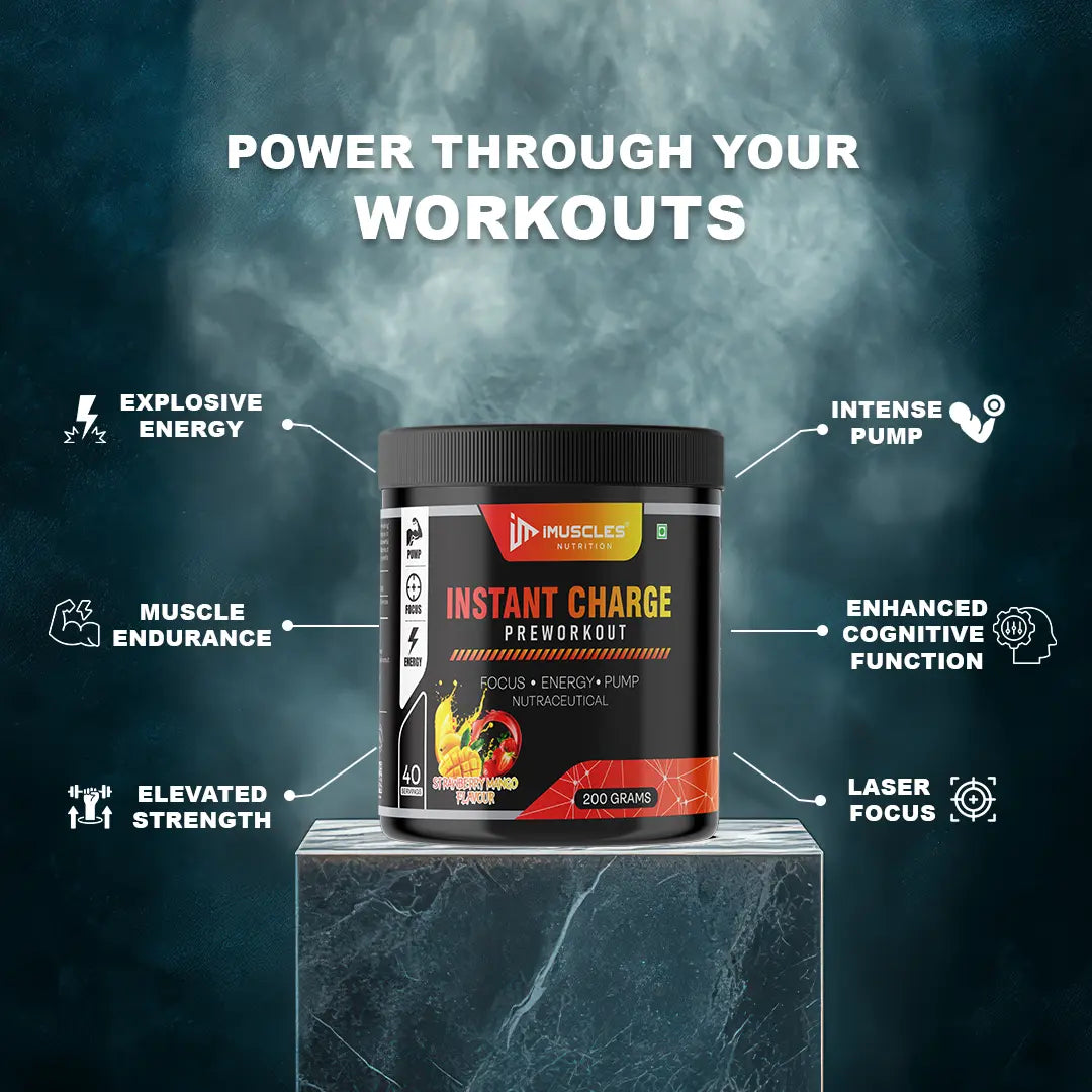 iMuscles Nutrition Instant Charge Pre-Workout supplement jar with strawberry mango flavour, featuring fruit splashes, designed for energy, focus, and muscle pump performance.
