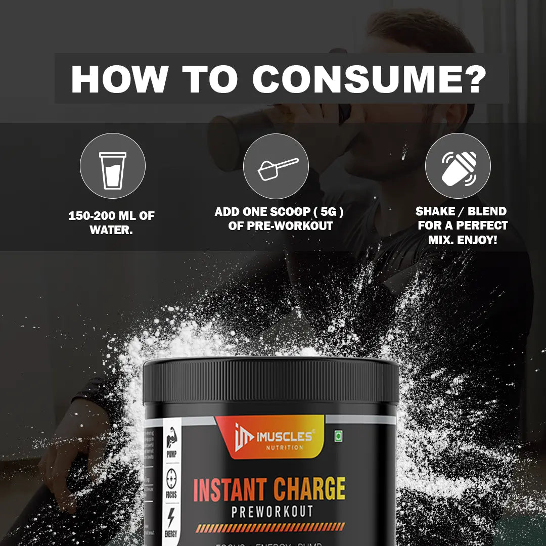 iMuscles Nutrition Instant Charge Pre-Workout supplement jar with strawberry mango flavour, featuring fruit splashes, designed for energy, focus, and muscle pump performance.
