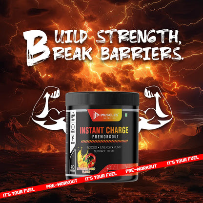 iMuscles Nutrition Instant Charge Pre-Workout supplement jar with strawberry mango flavour, featuring fruit splashes, designed for energy, focus, and muscle pump performance.