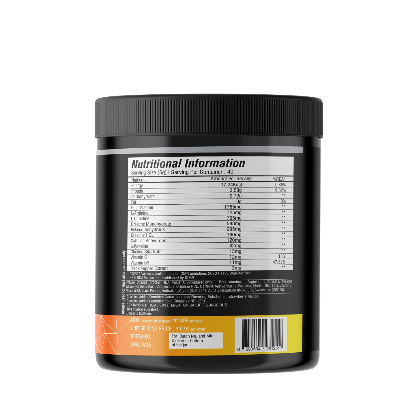 iMuscles Nutrition Instant Charge Pre-Workout supplement jar with strawberry mango flavour, featuring fruit splashes, designed for energy, focus, and muscle pump performance.