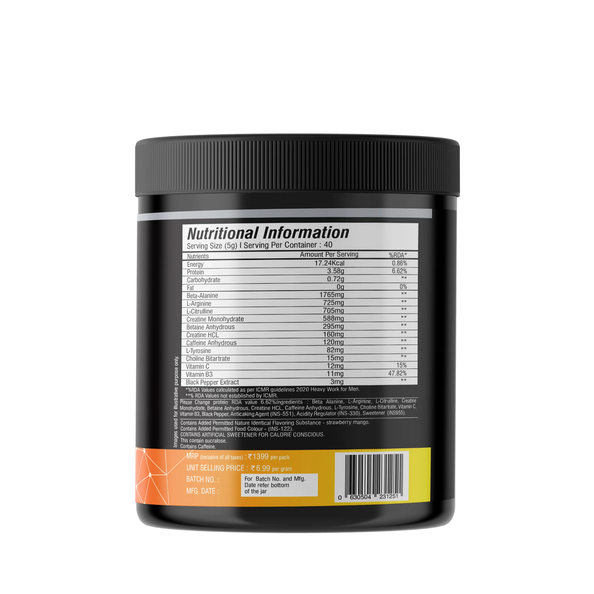 iMuscles Nutrition Instant Charge Pre-Workout supplement jar with strawberry mango flavour, featuring fruit splashes, designed for energy, focus, and muscle pump performance.