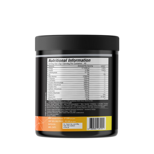 iMuscles Nutrition Instant Charge Pre-Workout supplement jar with strawberry mango flavour, featuring fruit splashes, designed for energy, focus, and muscle pump performance.