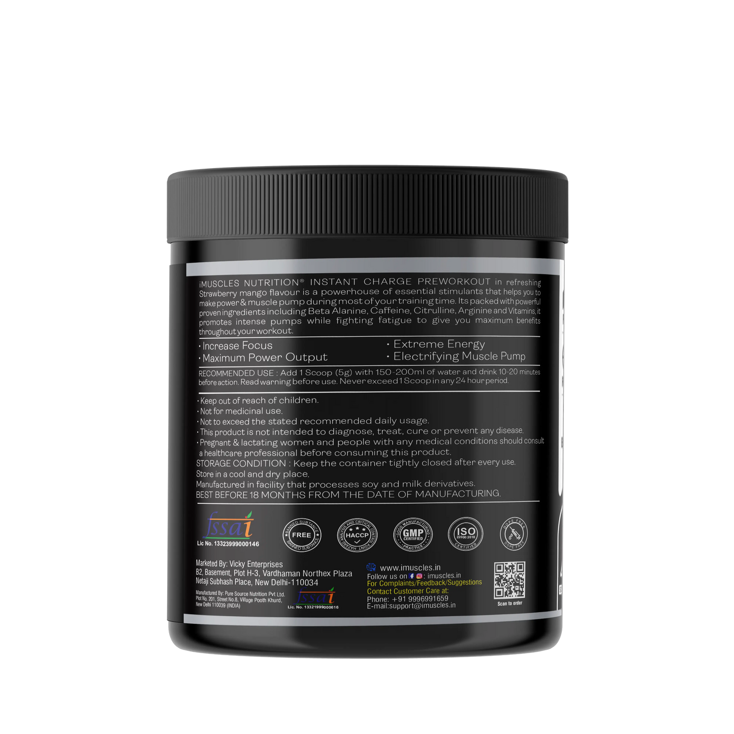 iMuscles Nutrition Instant Charge Pre-Workout supplement jar with strawberry mango flavour, featuring fruit splashes, designed for energy, focus, and muscle pump performance.