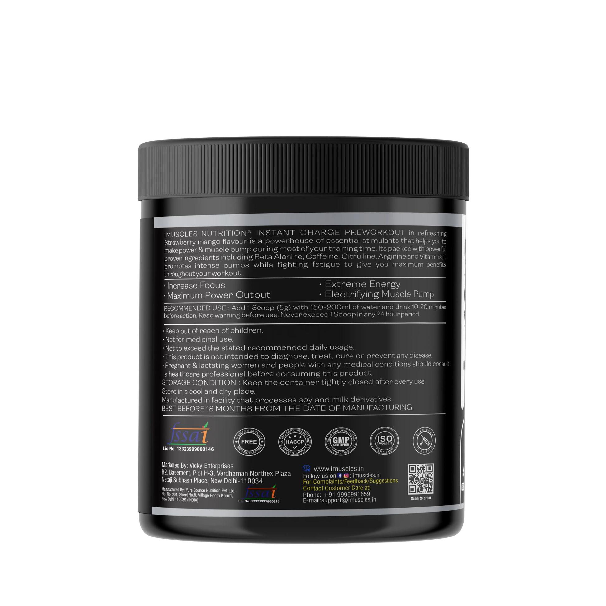 iMuscles Nutrition Instant Charge Pre-Workout supplement jar with strawberry mango flavour, featuring fruit splashes, designed for energy, focus, and muscle pump performance.