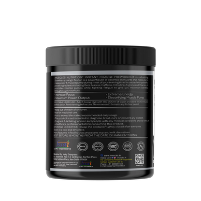iMuscles Nutrition Instant Charge Pre-Workout supplement jar with strawberry mango flavour, featuring fruit splashes, designed for energy, focus, and muscle pump performance.