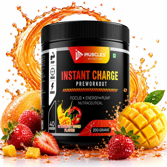 iMuscles Nutrition Instant Charge Pre-Workout supplement jar with strawberry mango flavour, featuring fruit splashes, designed for energy, focus, and muscle pump performance.
