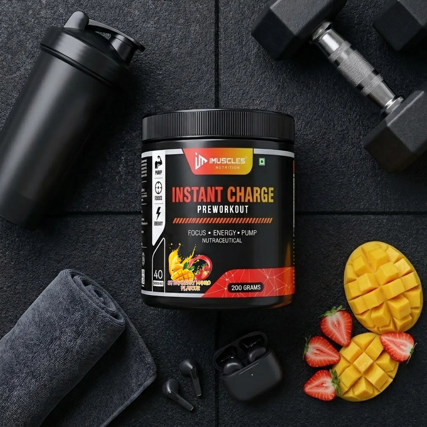 A square digital product promotional image titled "Strawberry Mango 12.jpg" featuring a bold headline "TRUSTED QUALITY" at the top. Below the title, five circular quality trust badges are displayed: fssai Licensed, GMP Certified, ISO 22000:2018 Certified, HACCP Certified, and 100% Vegetarian. The center showcases a black iMuscles Nutrition "INSTANT CHARGE" pre-workout jar surrounded by dynamic fruit juice splashes, fresh strawberries, ice cubes, a whole mango, and a cubed mango on a clean white background.