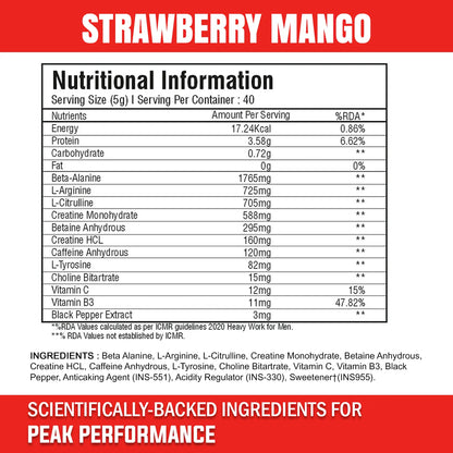 A square digital promotional image titled "Strawberry Mango 5.jpg" presenting a supplement facts chart against a clean white background. The graphic features a bold red header banner reading "STRAWBERRY MANGO" and a matching red footer banner reading "SCIENTIFICALLY-BACKED INGREDIENTS FOR PEAK PERFORMANCE". The central box displays a comprehensive "Nutritional Information" label detailing the serving size, servings per container, nutrients, amounts per serving, and RDA percentages, followed below by a full 