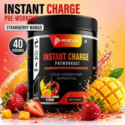 A square digital product promotional image titled "Strawberry Mango 8.jpg" showcasing a black iMuscles Nutrition "INSTANT CHARGE PRE-WORKOUT" 200 grams jar at the center. The top left features text that reads "INSTANT CHARGE PRE-WORKOUT" and a badge for "40 SERVINGS STRAWBERRY MANGO". The jar is surrounded by dynamic orange liquid splashes, whole and cut fresh strawberries, a ripe mango on the left, and a cubed mango on the right, set against a warm, gradient yellow-and-pink background.