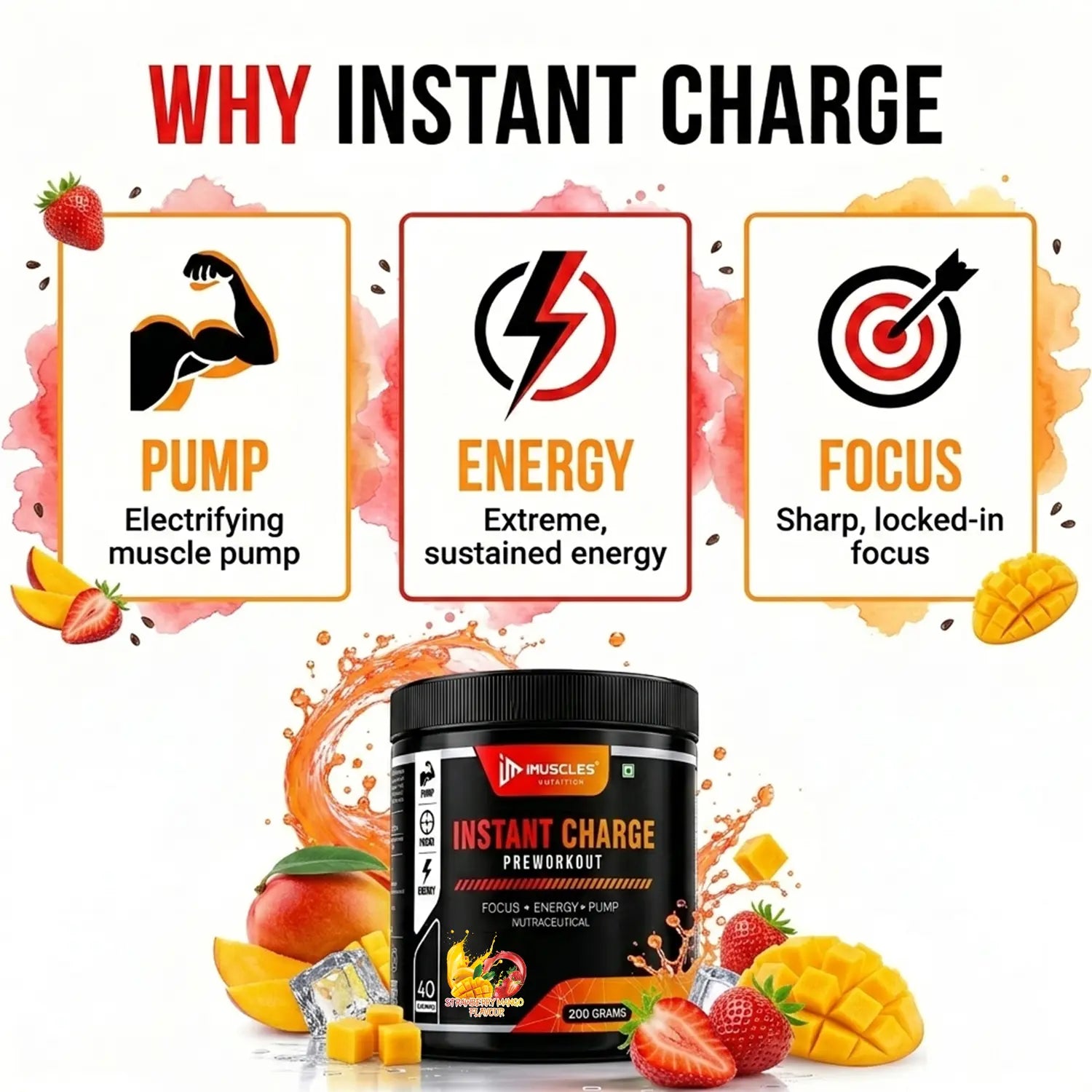 A square digital product infographic poster titled "Strawberry Mango 11.jpg" featuring a "HOW TO USE" guide at the top with three illustrated steps: 1. Add 1 scoop (5g), 2. Mix with 150-200ml water, and 3. Drink 10-20 min before workout, with a warning note "*Do not exceed 1 scoop per 24 hours". The bottom showcases a black iMuscles Nutrition "INSTANT CHARGE" pre-workout jar next to a filled protein shaker bottle, surrounded by fresh strawberries, mangoes, and floating fruit pieces against a white backgroun