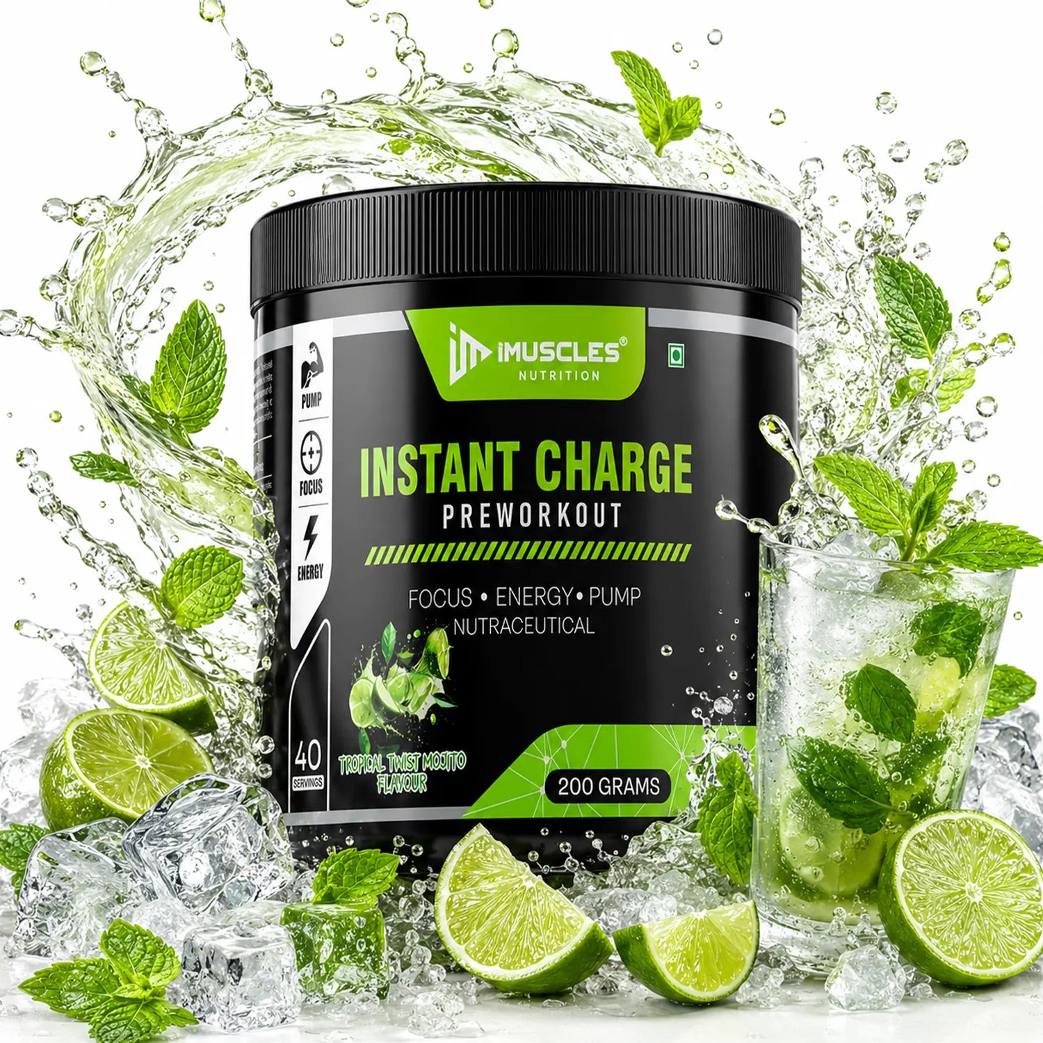 iMuscles Nutrition Instant Charge Pre-Workout supplement jar in Tropical Twist Mojito flavour with mint leaves, lime slices, and splash visuals, designed to boost energy, focus, and muscle pump performance.