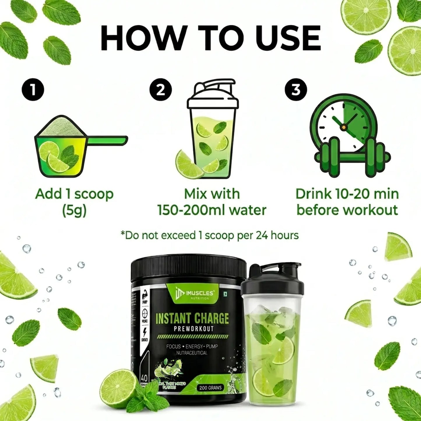 An instructional infographic banner titled "Tropical Twist Mojito 11.jpg" explaining "HOW TO USE" a pre-workout supplement. It features a three-step guide: 1) Add 1 scoop (5g), 2) Mix with 150-200ml water, and 3) Drink 10-20 min before workout, displayed above an iMuscles Nutrition jar and shaker bottle.
