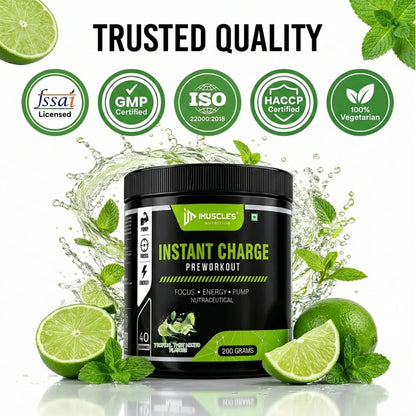 A professional quality assurance banner titled "Tropical Twist Mojito 12.jpg" featuring the headline "TRUSTED QUALITY." Below the text are five green certification badges: FSSAI Licensed, GMP Certified, ISO 22000:2018, HACCP Certified, and 100% Vegetarian, displayed above an iMuscles Nutrition pre-workout jar.