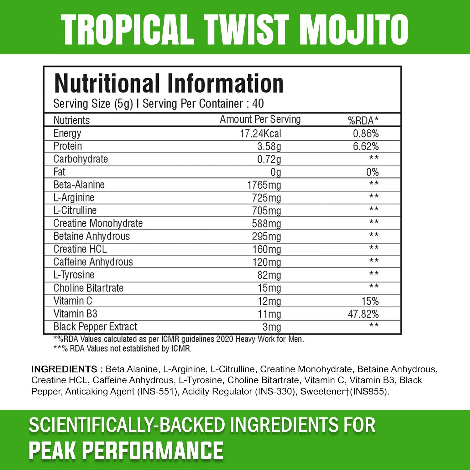 A nutritional facts infographic banner labeled "Tropical Twist Mojito 5.jpg" for a pre-workout supplement. The image displays a detailed "Nutritional Information" table with values per 5g serving size, an ingredients list below it, and a prominent green bottom border that reads "SCIENTIFICALLY-BACKED INGREDIENTS FOR PEAK PERFORMANCE."