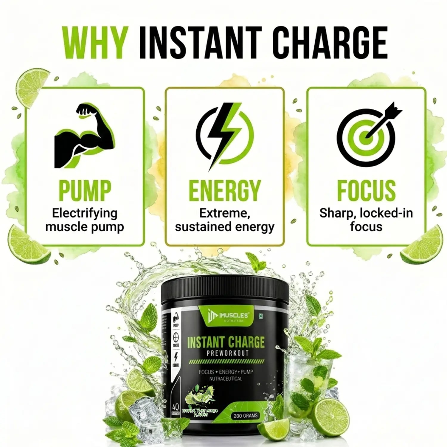 An informative promotional banner titled "Tropical Twist Mojito 9.jpg" with the heading "WHY INSTANT CHARGE." It outlines three core benefits in green boxes with icons: PUMP (Electrifying muscle pump), ENERGY (Extreme, sustained energy), and FOCUS (Sharp, locked-in focus) above an iMuscles Nutrition pre-workout jar.