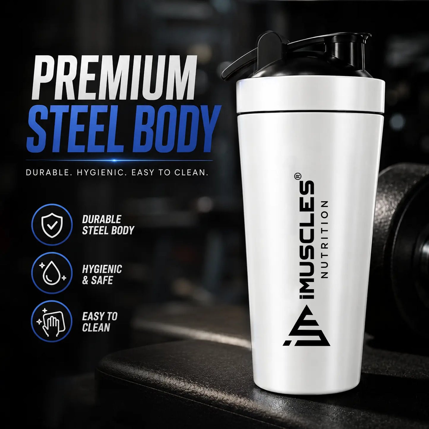 A promotional advertisement for "BLUE 1.1.jpg" featuring a premium blue steel shaker bottle from iMuscles Nutrition. The text highlights its durable, hygienic, and easy-to-clean design, showcasing it as a reliable fitness accessory for gym-goers needing a safe and high-quality container for their supplements and workout drinks.