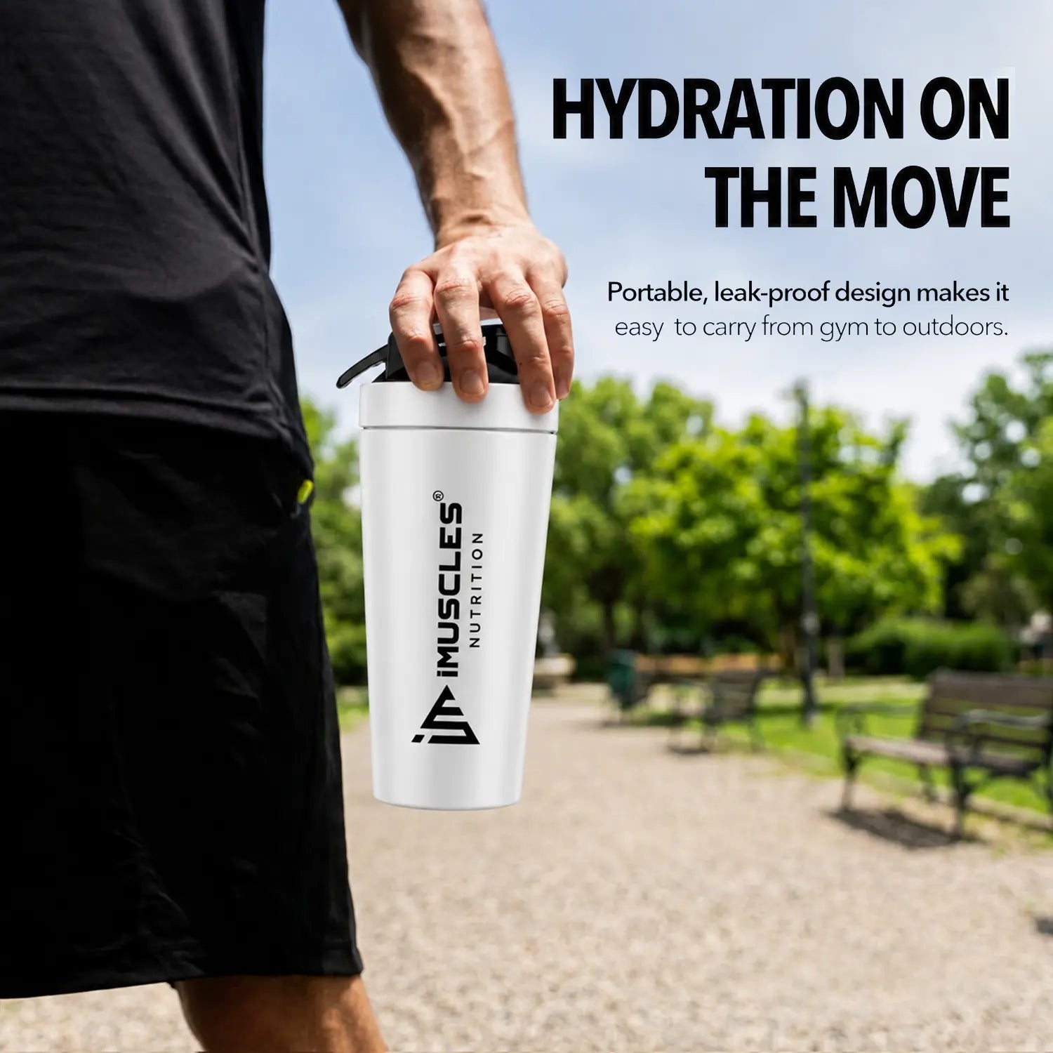 A promotional advertisement for "BLUE 1. 2.jpg" featuring a person carrying a blue iMuscles Nutrition shaker bottle in a park. Titled "Hydration on the Move," the graphic highlights the product's portable, leak-proof design, making it convenient to transport from the gym to outdoor activities.