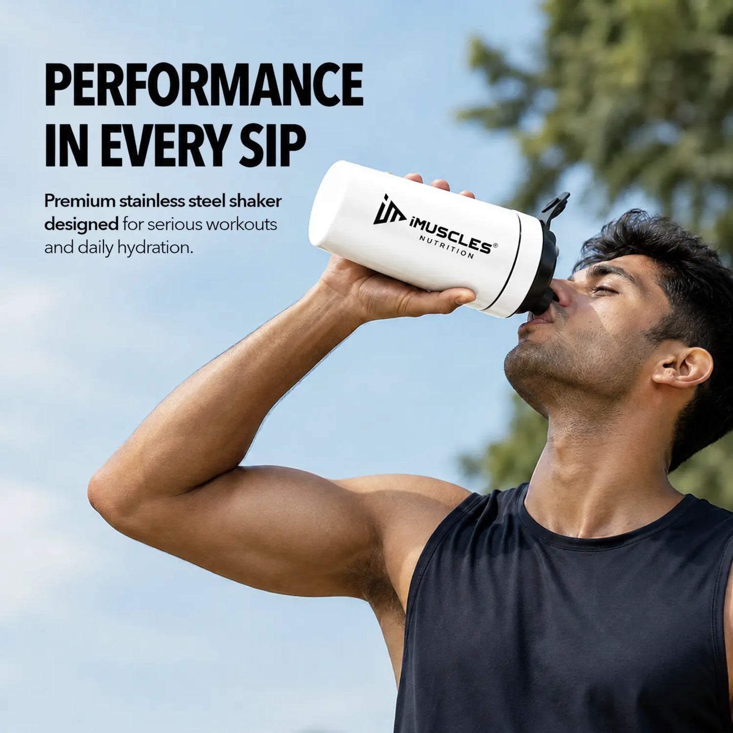 A promotional advertisement for "BLUE 1. 3.jpg" featuring an athlete drinking from a premium blue stainless steel iMuscles Nutrition shaker bottle. The graphic, titled "Performance in Every Sip," highlights the bottle's design for serious workouts and daily hydration, emphasizing both durability and functionality for active users.