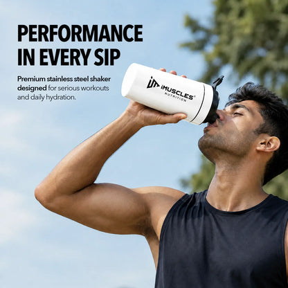 A promotional advertisement for "BLUE 1. 3.jpg" featuring an athlete drinking from a premium blue stainless steel iMuscles Nutrition shaker bottle. The graphic, titled "Performance in Every Sip," highlights the bottle's design for serious workouts and daily hydration, emphasizing both durability and functionality for active users.