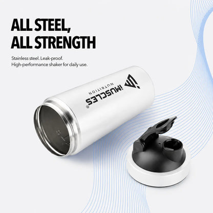 A promotional advertisement for "BLUE 1. 5.jpg" featuring a blue iMuscles Nutrition stainless steel shaker bottle with its lid open. The graphic, titled "All Steel, All Strength," emphasizes its leak-proof, high-performance design, highlighting the durability and strength required for daily use by athletes and fitness enthusiasts.