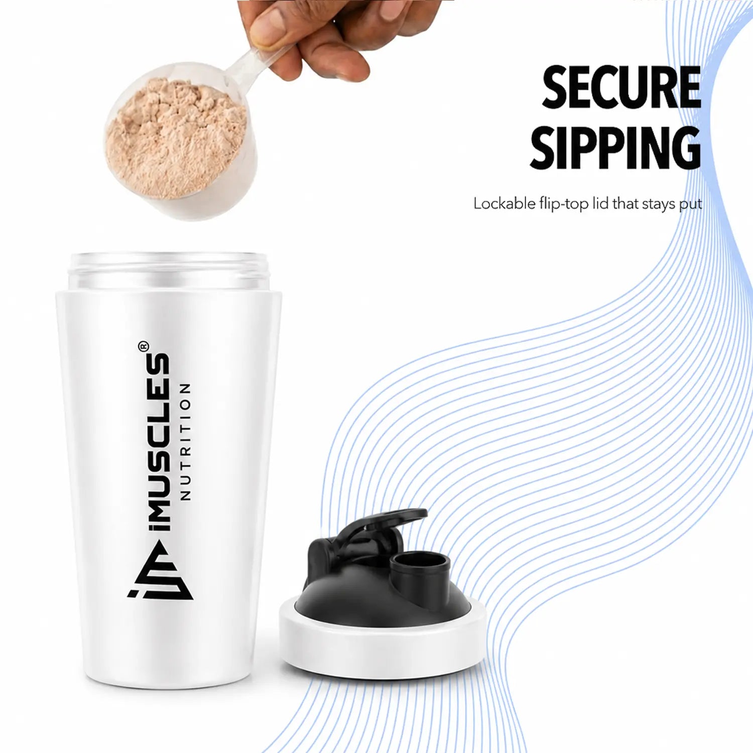 A promotional graphic for "BLUE 1. 6.jpg" showcasing a blue iMuscles Nutrition shaker bottle being filled with protein powder. The image highlights the "Secure Sipping" feature, featuring a lockable flip-top lid that stays firmly in place during use, ensuring a mess-free experience for athletes and gym-goers.