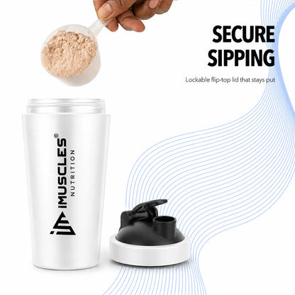 A promotional graphic for "BLUE 1. 6.jpg" showcasing a blue iMuscles Nutrition shaker bottle being filled with protein powder. The image highlights the "Secure Sipping" feature, featuring a lockable flip-top lid that stays firmly in place during use, ensuring a mess-free experience for athletes and gym-goers.