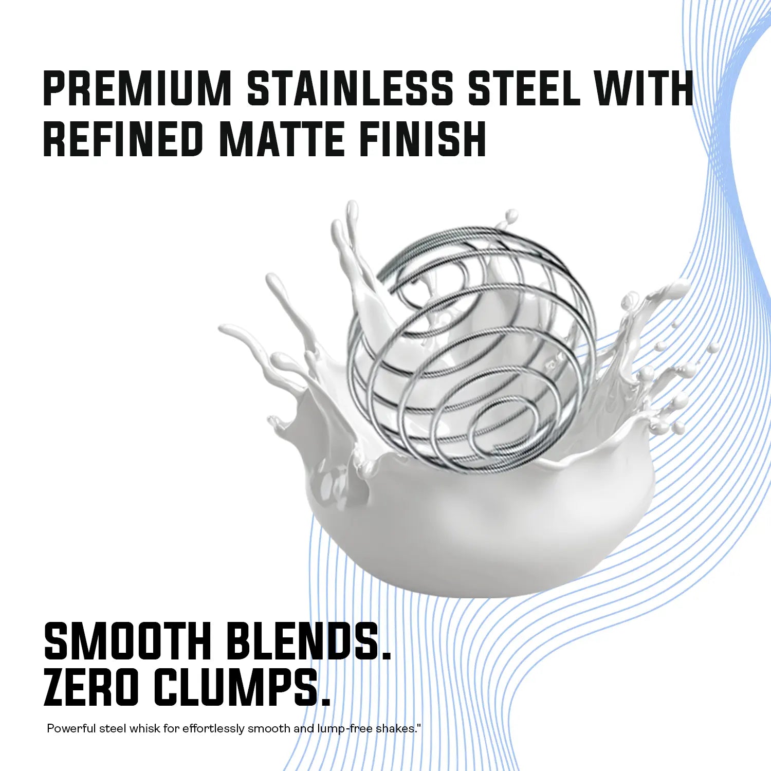 A promotional graphic for "BLUE 1. 7.jpg" highlighting the premium features of an iMuscles Nutrition shaker bottle, specifically focusing on its premium stainless steel construction with a refined matte finish and a powerful steel whisk ball that ensures smooth, lump-free protein shakes for every use.
