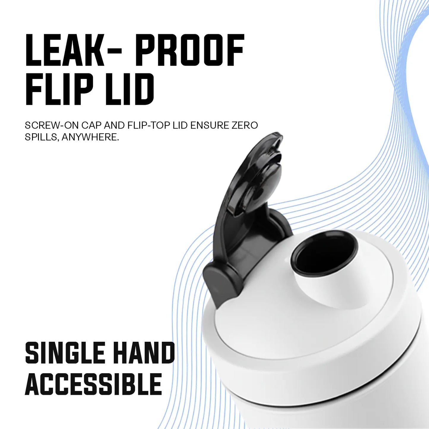 A promotional graphic for "BLUE 1. 8.jpg" highlighting the leak-proof flip lid design of an iMuscles Nutrition shaker bottle. The image emphasizes its screw-on cap and flip-top lid, which ensure zero spills anywhere and provide convenient single-hand accessibility for active users.