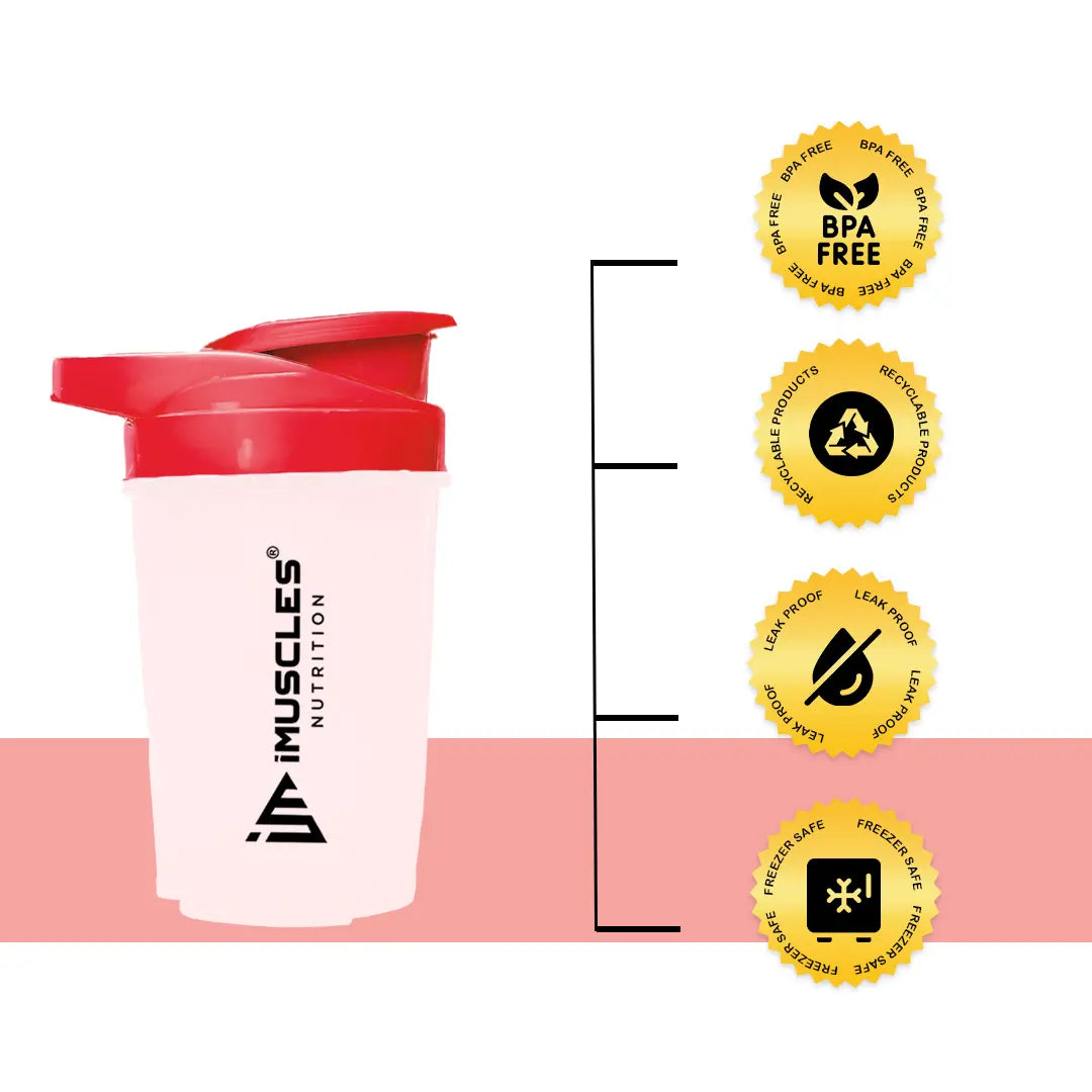 A promotional banner for the iMuscles Nutrition red and white shaker bottle titled red & white 1.png. On the left side, bold dark red text on a light pink background reads "SHAKE UP SUCCEED" and "YOUR FITNESS GAME CHANGER". The right side features a 500 ml shaker bottle with a white body and red lid alongside a matching red mixing ball, labeled with "VERSATILITY" and "500 ML".