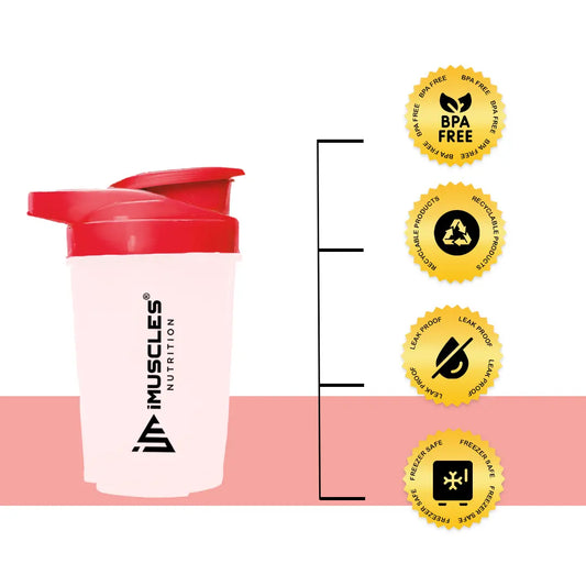 A promotional banner for the iMuscles Nutrition red and white shaker bottle titled red & white 1.png. On the left side, bold dark red text on a light pink background reads "SHAKE UP SUCCEED" and "YOUR FITNESS GAME CHANGER". The right side features a 500 ml shaker bottle with a white body and red lid alongside a matching red mixing ball, labeled with "VERSATILITY" and "500 ML".