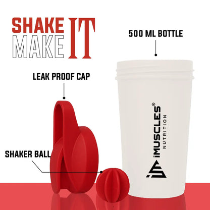 A promotional banner for the iMuscles Nutrition red and white shaker bottle titled red & white 1.png. On the left side, bold dark red text on a light pink background reads "SHAKE UP SUCCEED" and "YOUR FITNESS GAME CHANGER". The right side features a 500 ml shaker bottle with a white body and red lid alongside a matching red mixing ball, labeled with "VERSATILITY" and "500 ML".