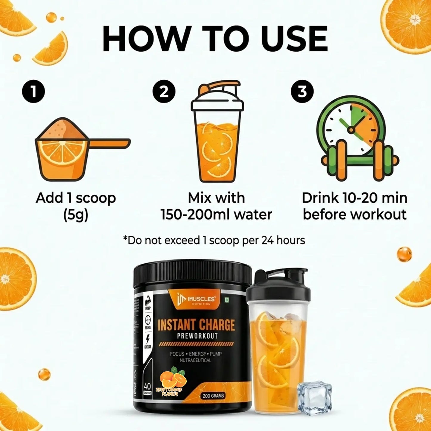 An instructional graphic titled "Zesty Orange 11.jpg" for iMuscles Nutrition Instant Charge pre-workout, outlining three steps: 1. Add 1 scoop (5g), 2. Mix with 150-200ml water, and 3. Drink 10-20 minutes before workout, with a safety note not to exceed 1 scoop per 24 hours.