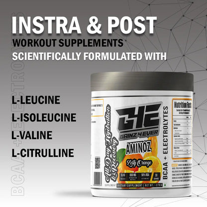 Promotional graphic for GAINZ 4 EVER AMINOZ Zesty Orange flavor. The white 270g supplement jar is centered against a background of dynamic orange liquid splashes and fresh orange slices. The label highlights "BCAA + ELECTROLYTES" and "All Day Hydration & Recovery" with callouts for 5.0g BCAA, 650mg Hydration Matrix, and 50% RDA Vitamin C.