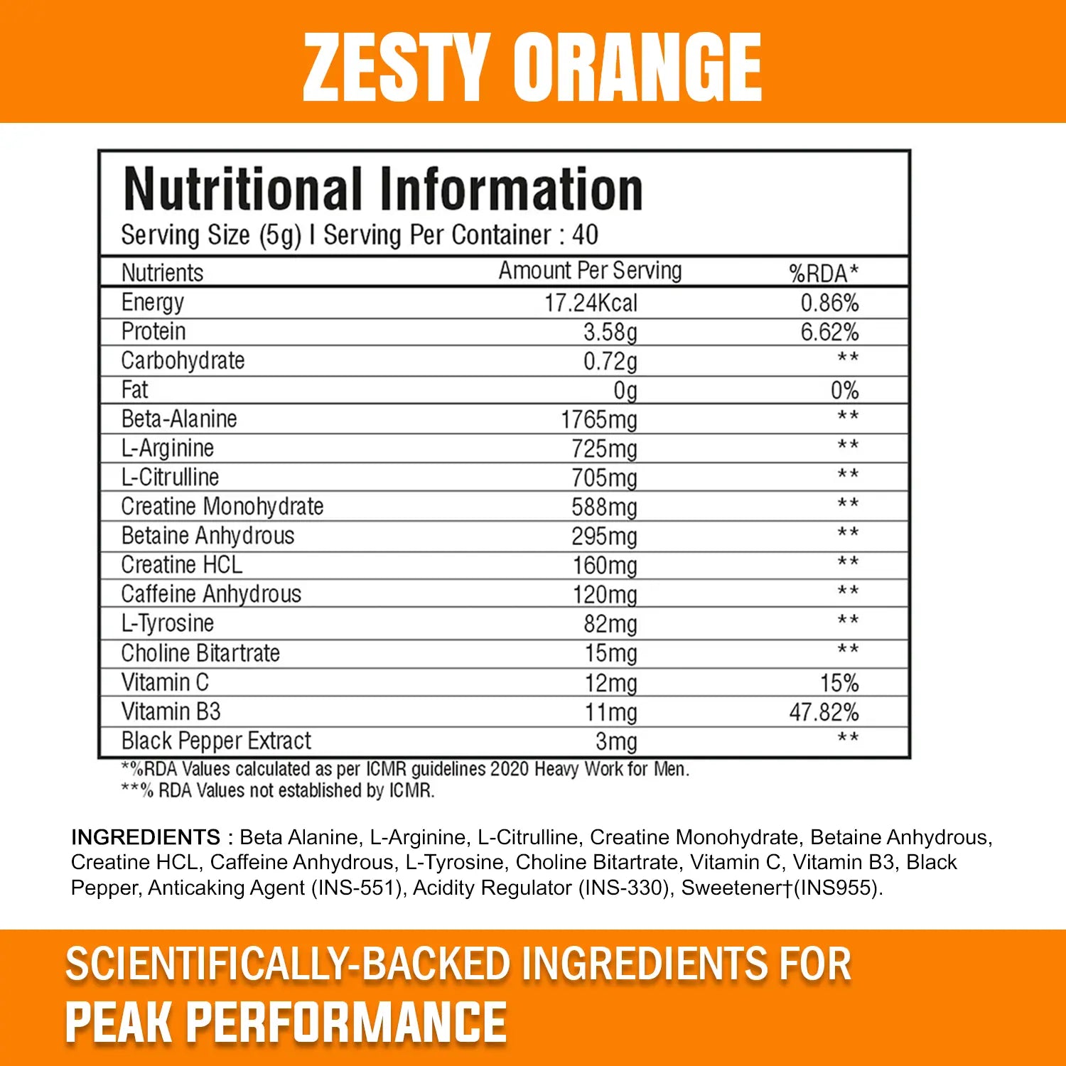 A nutritional facts label titled "Zesty Orange  5.jpg" detailing the ingredients and serving information for a pre-workout supplement. The image lists nutrients, amounts per serving, and percentages of Recommended Dietary Allowance (RDA) for the iMuscles Nutrition product, finishing with the slogan "SCIENTIFICALLY-BACKED INGREDIENTS FOR PEAK PERFORMANCE."