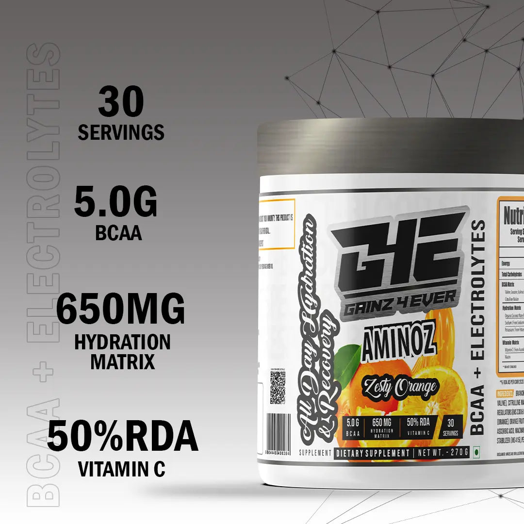 Promotional graphic for GAINZ 4 EVER AMINOZ Zesty Orange flavor. The white 270g supplement jar is centered against a background of dynamic orange liquid splashes and fresh orange slices. The label highlights "BCAA + ELECTROLYTES" and "All Day Hydration & Recovery" with callouts for 5.0g BCAA, 650mg Hydration Matrix, and 50% RDA Vitamin C.
